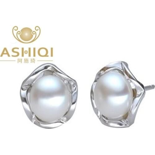 ASHIQI Natural Freshwater Pearl earrings 7.5-8mm with Rose Flower Stud Earrings For Women