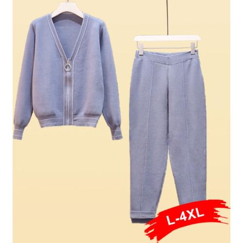 Plus Size Zipper Blue Knitting Cardigan and Pants 2 Pieces Sets 4XL Matching Sweatpants Trendy Lounge Wear Two Pieces Tracksuits