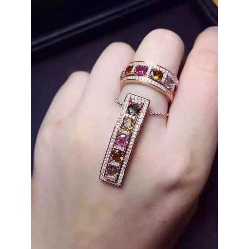 Natural multicolor tourmaline gem jewelry sets natural gemstone ring Pendant 925 silver Two kinds wear array women fine jewelry