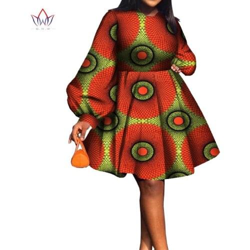 Bazin Riche African Puff Sleeve Dresses for Women Dashiki Print Women Dresses Vestidos Women African Clothing Knee Length WY8367
