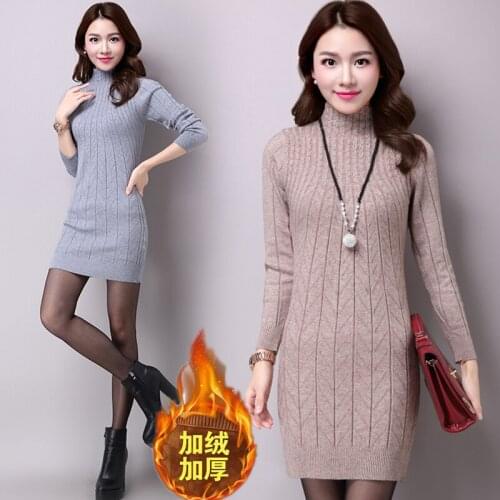 Winter Stretch Pullover Turtleneck Sweater Dress Women Warm Plus velvet Thick Long Knit Bottoming Shirt Ladies Solid Sweaters