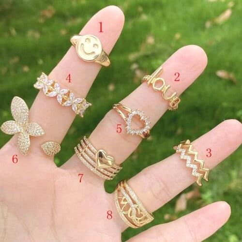 10Pcs Gold plated micro pave cz ring, multi-layer/heart smile face/love letter shaped ring Women Girls New Wedding Party Gift