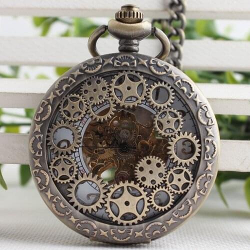 5 Colors Gear Wheel Hollow Hand Winding Mechanical Pocket Watch Fob Watches Men Women Gift With Chain TJX017
