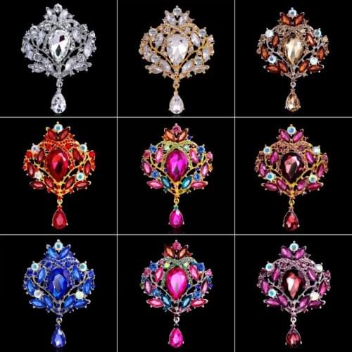 Assorted Colors Large Crystal Rhinestones Water-drop Brooch Pins Vintage Luxury Weddings Banquet Bouquet Bejeweled AE048