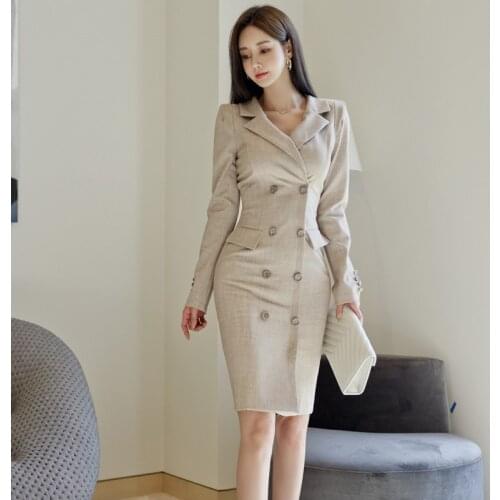 Elegant Temperament OL Chic Vintage Slim Dress Spring Women Double-Breasted Bodycon Pencil Business Vestidos