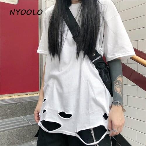 NYOOLO Harajuku style hole torn solid tee shirt Summer streetwear loose short sleeve hip hop T-shirt women/men clothing tops tee