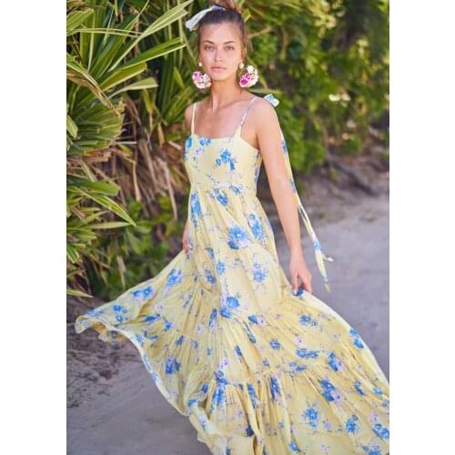 GypsyLady Fancy Full Sweep Maxi Dress Yellow Floral Boho Vintage Women Dress Ruffles Sleeveless Strappy Casual Chic Dress New