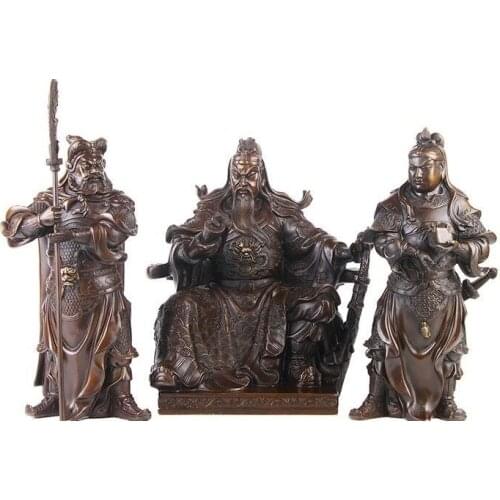 China Folk Bronze Copper Warrior God Guan Guan Gong Yu Ping Zhou Cang Statue Set 30cm