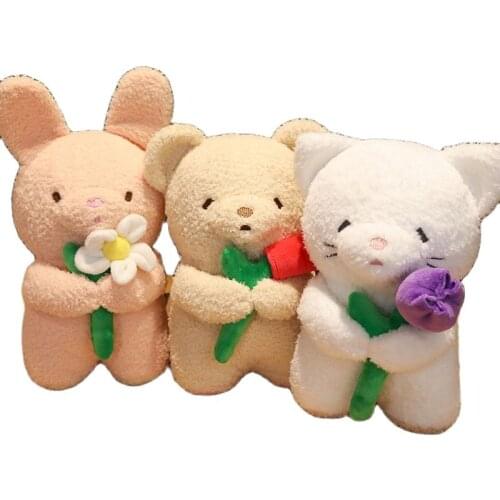 5/25/40cm Holding Rose Flower Animal Doll Cute Bunny Bear Cat Plush Sweet Girly Valentines' Day Gift Special For Kids Girlfriend