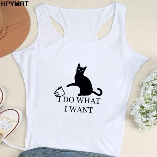 Summer Women Fashion Vest Tank Tops Sexy Camisole I Do What I Want cat Print Lady Casual Loose Sleeveless 90s Female Top Clothes