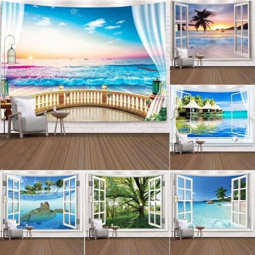 Small Imitation Window Great Wave Oean Tapestry Landscape Wall Hanging Forest Blue Sea Sunrise Tapestries Wall Cloth Room Decor