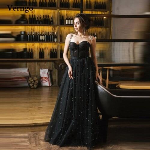 Verngo Fashion Black Tulle Pearls A Line Prom Gowns Long Spaghetti Straps Corset Evening Dresses Plus Size Formal Party Dress