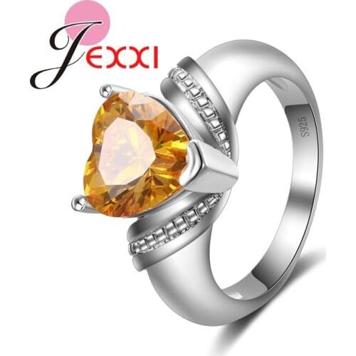 Fashion Wedding Rings Sterling Silver 925 Yellow Heart Cubic Zircon Crystal Women Engagement Finger Ring Bands Jewelry