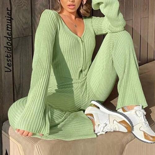 Fashion Ribbed Knit Solid Casual Ziper Womens Sets 2021 Winter Autumn Long Sleeve Sporty Top and Pants 2 Piece Knitted Outfits