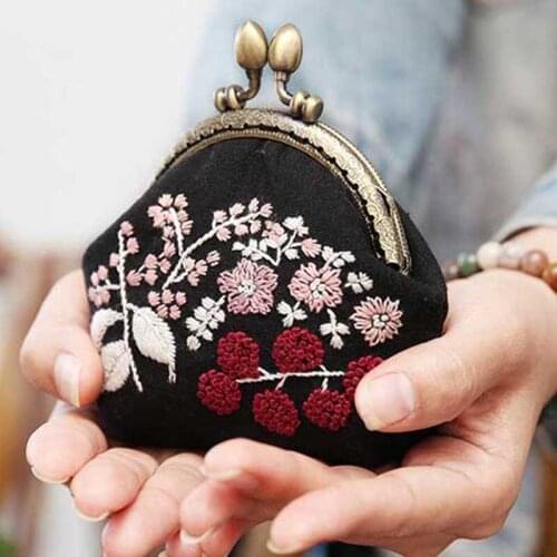 DIY Flower Embroidery Bag Kits Floral Needlework Coin Bags Swing Cross Stitch Sets with Embroidery Hoop Birthday Christmas Gift