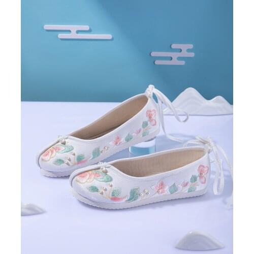 Original Pearl Round Head Hanfu Shoes Womens Ancient Costume Flat Embroidered Shoes Elegant Summer New Style