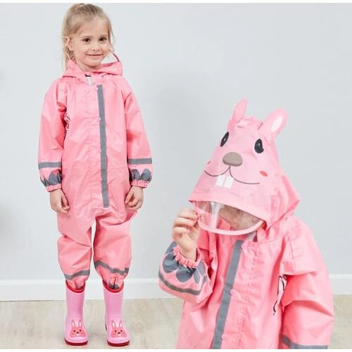3-10Y Outdoors Waterproof Cartoon Children Raincoat Jumpsuits Student One-Piece Hooded Thickened Raincoat Rainwear Rain Poncho