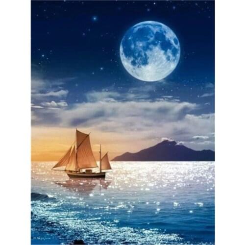 Full Square Drill Diamond Embroidery Mosaic Moon Night Ocean Diamond Painting 5d Landscape Set Home Decor