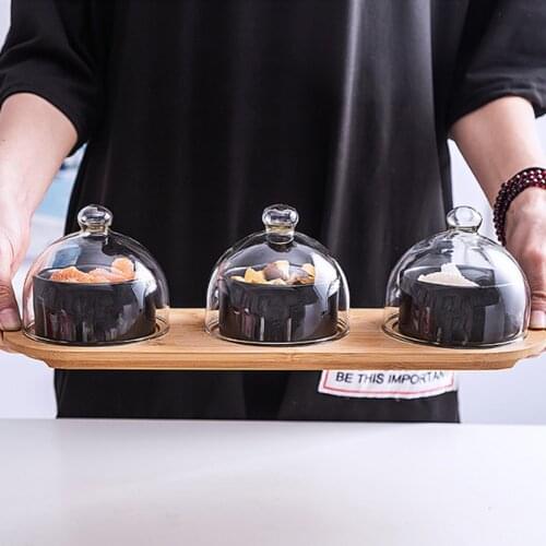 Simple Style Dim Sum Cup Dessert Cup Ceramic Baking Cake Mold Hygienic Healthy Bowl Set With Bamboo Pallet Glass Cover