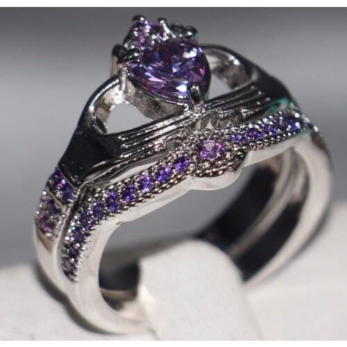 Size 5-11 choucong Fashion Jewelry 10KT White Gold Filled Pear Cut 5A Purple CZ Women Wedding Bridal Claddagh Couple Ring Gift
