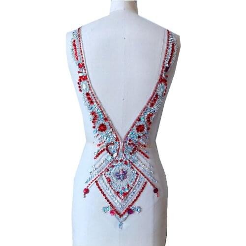 Hand made red/clear AB colour sew on Rhinestones applique on mesh crystal patches trim 59*30cm for dress accessory