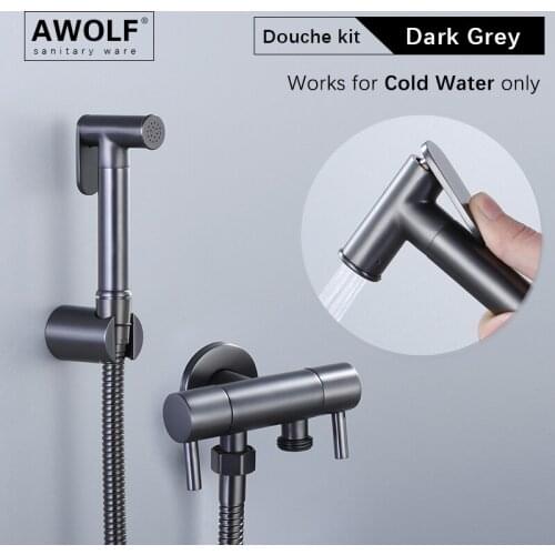 Hand Held Toilet Bidet Sprayer Solid Brass Dark Grey Dual Handle Outlet Shattaf Shower Faucet 1/2 Douche Kit AP2230