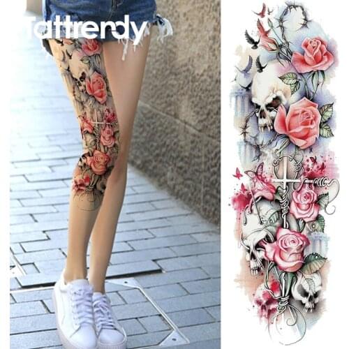 Sexy Summer Women Flower Temporary Tattoo Full Arm/Legs Skull rose bird Body Art Tattoo Stickers Girl Shoulder Party Waterproof