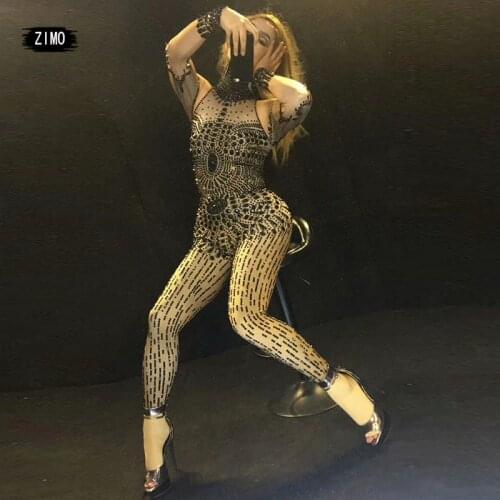 Sexy Black Rhinestones Jumpsuit women Stage Performance Outfit nightclub Celebrate Crystals Costume Stretch Bodysuit pole dance
