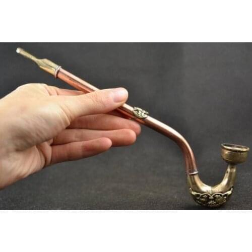 Old Collectible Decorated Handwork Copper Carving Mandarin Duck Bat Smoking Pipe