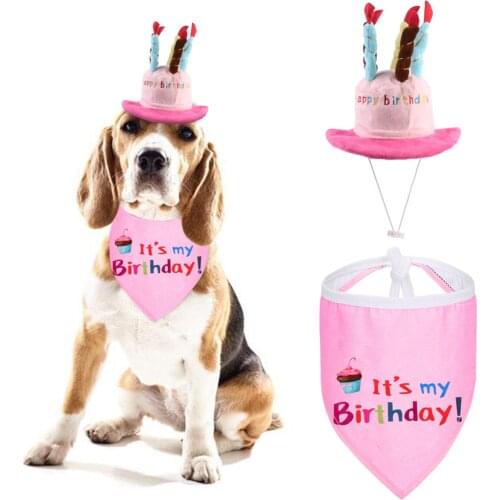 Super Soft Pet Happy Birthday Saliva Towel Decorative Collar Printed Bandanas Puppy Napkin Hat Scarfs Bibs For All Pet Pink/Blue