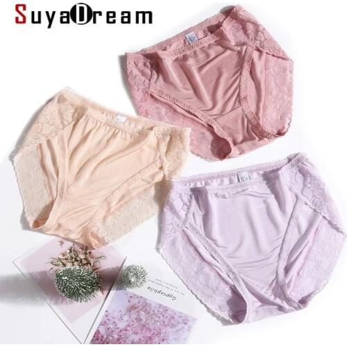 SuyaDream Women Silk Panties 100%Real Silk and Side laces Sexy Briefs Comfortable seamless Underwear 2020 Black Lace Underpants