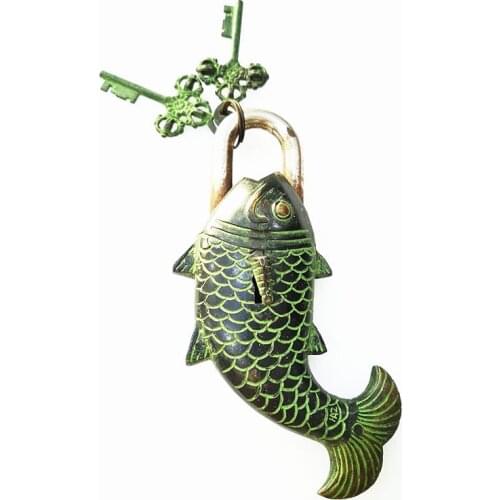 Tibet Handicrafts Solid Bronze Antiqued Fish Locks Brass Golden Big Fish Family Arts Lock Free Shipping HDC101