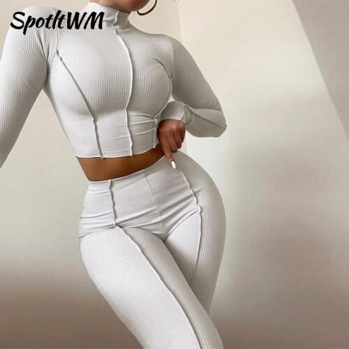 SpotLtWM Women Slim Turtleneck Suits Skinny Female Solid Tracksuits Long Sleeve Cropped Tops And High Waist Pant Two Piece Set