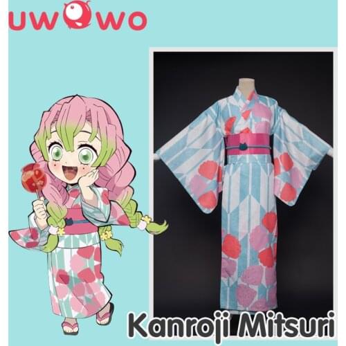 Uwowo Anime Demon Slayer Kanroji Mitsuri Cosplay Costume Summer Version Kimono Outfit for Women Pajamas Halloween