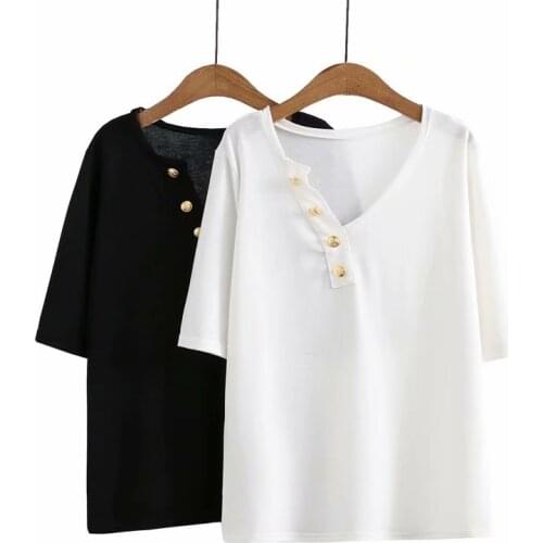 Plus Size T-Shirt For Women 3XL-6XL Button Decoration Asymmetry V-Neck Short Sleeves Knitted Cotton Large Size Summer T-Shirts