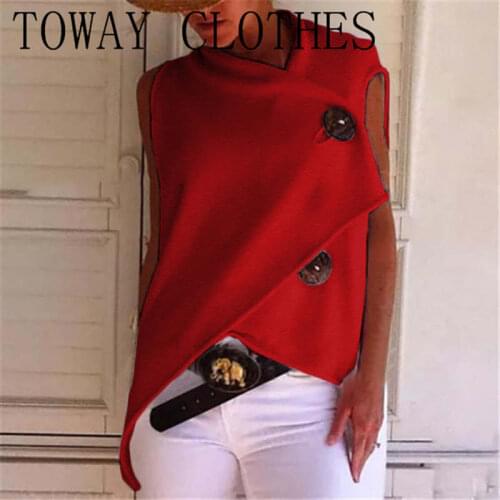 Womens Casual Cotton Irregular Buttons Down Shirt Top Black White Red Sleeveless Female Blouse 2019 Summer Shirts Tops