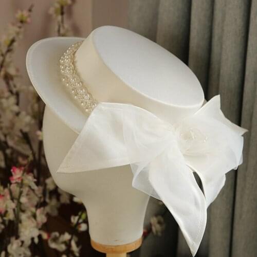 2020 Elegant Pearl Flat Fedora Cap Women Summer Spring White Gauze Bow Bride Wedding Hat Cocktail Derby Party Pearl Hat Headwear