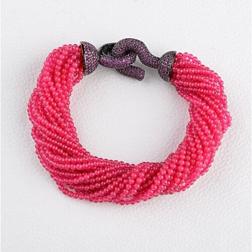 Womens 8.5" 20 Strands 2mm Fuchsia Bracelet Cz Pave Clasp