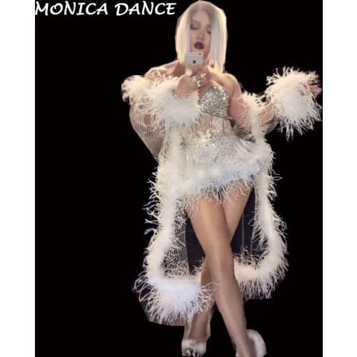 Women Sexy Stage Glisten Rhinestones White Feather Dress Birthday Celebrate Dress Nightclub Party Singer DJ Costume Dance Outfit
