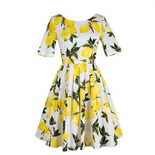 Ladies 2017 New Fashion Spring Summer Runway Short-sleeved Lemon printed dress Women Beach Dresses Slim Cut Club Yellow Sundress