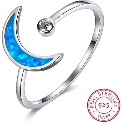 Cute Female Blue White Opal Moon Ring Minimalist 925 Sterling Silver Engagement Ring Promise Love Wedding Rings For Women