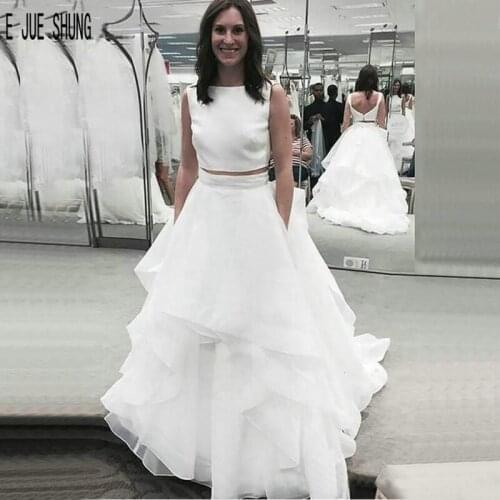E JUE SHUNG White Two Pieces Wedding Dresses Scoop Neck Backless Organza Tiered Ruffles Sleeveless Wedding Gowns robe de mariee