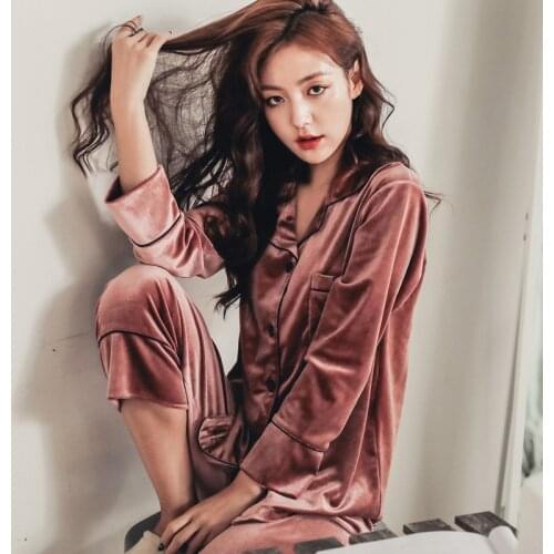 Gold velvet pajamas Winter Pajamas Set Woman Warm Sleepwear Velvet Pajamas Sleepwear Long Sleeves Pants 2 Pieces Nightwear pjs
