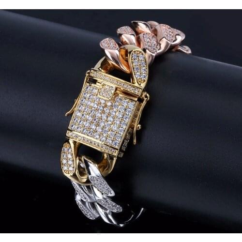 18mm Box Lock Miami Curb Cuban Chain Bracelet For Men Hip Hop Bling Iced Out Paved Rhinestones CZ Rapper Bracelets Jewelry 7"8"