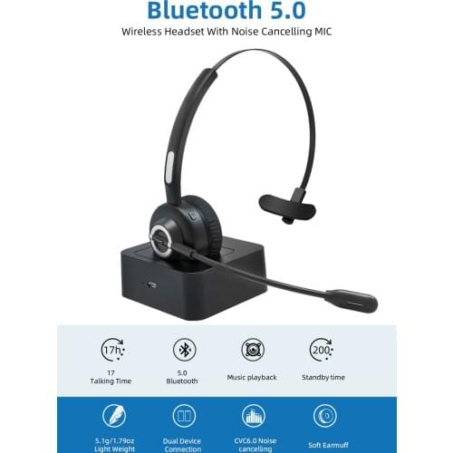 Bluetooth 5.0 Headphones with Mic Charging Base Wireless Headset for PC Laptop Call Center Office 17H Talking Time Headphone