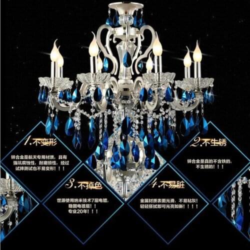 European alloy living room candle light silver crystal chandeliers 6 heads 8 heads 15 blue high-end bedroom dining room lights