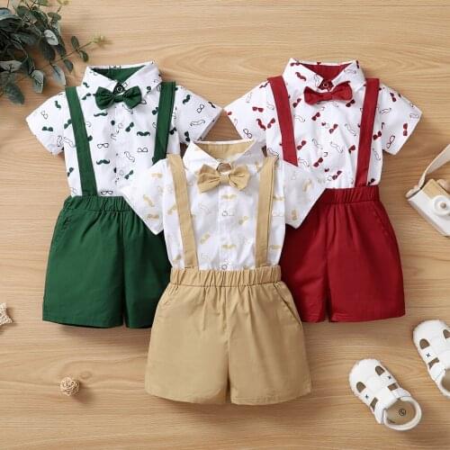 Citgeett Summer Infant Baby Boys Clothes Set Beard Print Short Sleeve Neck Shirt+Solid Color Suspender Shorts Clothes Set