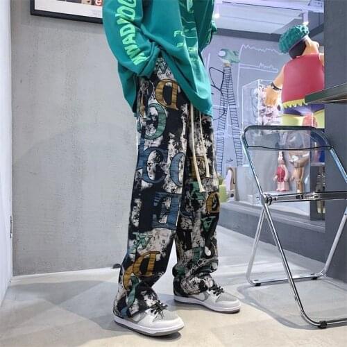 2021 Mens Pattern Printing Casual Pants Streetwear Hip-hop Straight Pants Loose Trousers Elastic Waist Joggers Sweatpants