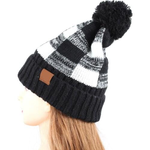 2020 Autumn Winter Spring Women with Flanged Plaid Plaid Large Wool Ball Warm Knitting Hat