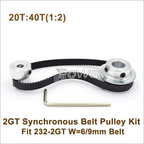 POWGE 20 Teeth 40 Teeth GT2 Timing Belt Pulley Kit 1:2 Speed Ratio 20T:40T 2M/2GT Reduction Pulley For W=6/9mm 232-2GT Belt